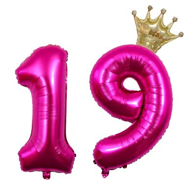 YFHVJTKO 32 Inch Number 19 Gold Crown Balloon Set,19th Celebration Decorations for Happy 19th Birthday Party Wedding Bridal Shower Engagement Photo Shoot Anniversary Decoration, Rose Red 19 Balloon