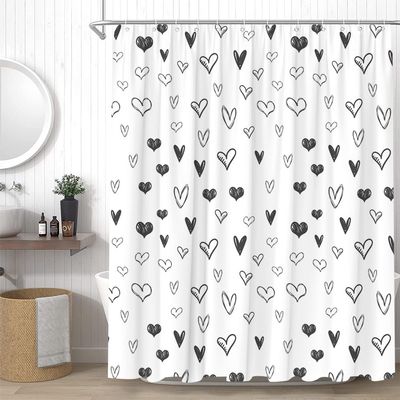 YSSFAV Black Grey Heart Shower Curtain Valentine's Day Minimalist Bathroom Decor Curtains Set with Hooks