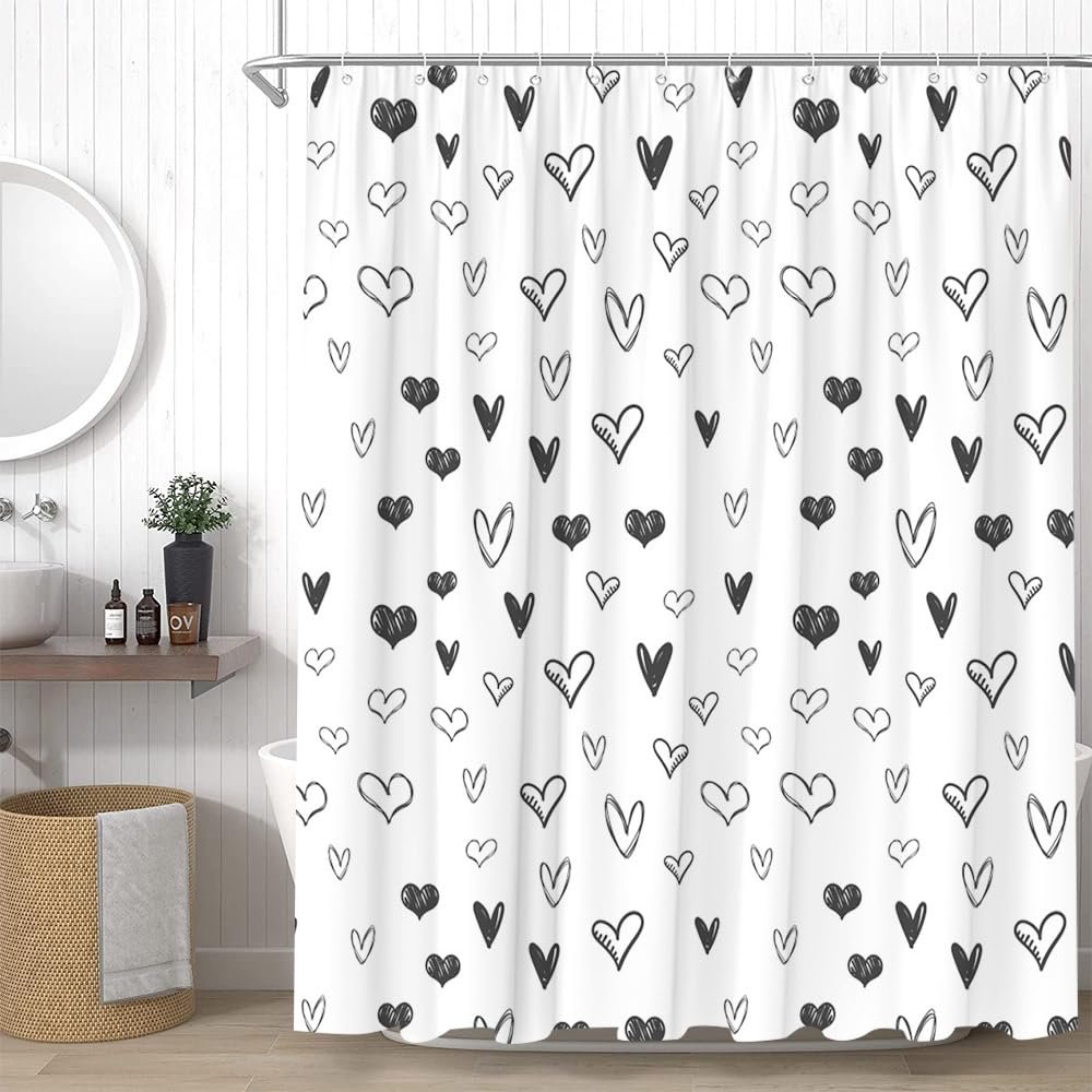 YSSFAV Black Grey Heart Shower Curtain Valentine's Day Minimalist Bathroom Decor Curtains Set with Hooks