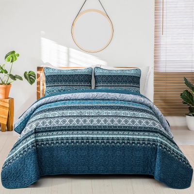WONGS BEDDING Boho Quilt Set Full Size, Blue Bohemian Full Quilt Bedding Set, Lightweight Microfiber Bed Decor Bedspread with Pillow Shams for All Season 90"x78"(3 Pieces, Full)