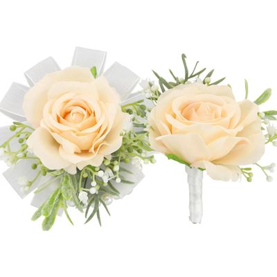 AWARDSEN Champagne Corsage,Champagne Pocket Boutonniere,2pcs Prom Corsage and Boutonniere Set,Silk Boutonniere for Men,Wedding Prom Graduate Decor