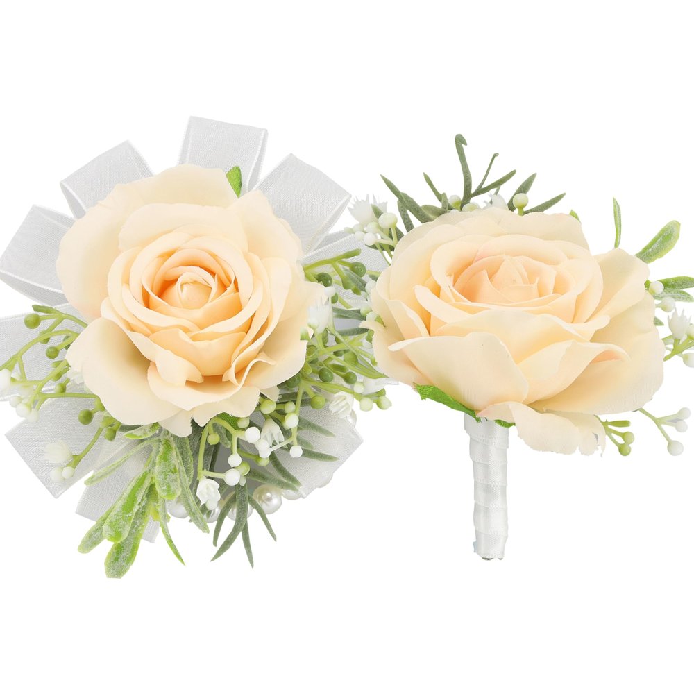 AWARDSEN Champagne Corsage,Champagne Pocket Boutonniere,2pcs Prom Corsage and Boutonniere Set,Silk Boutonniere for Men,Wedding Prom Graduate Decor