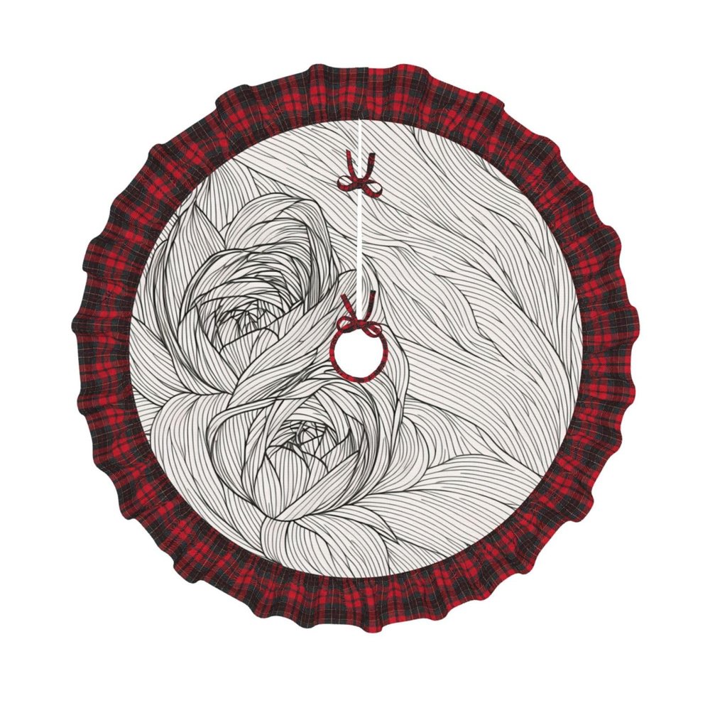 Black White Flowers Print Christmas Tree Skirt Red Black Plaid Border Xmas Tree Skirt Holiday New Year Party Christmas Party Decor. 30 in 36 in 48 in