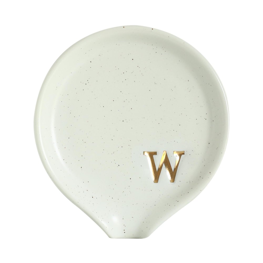 COLLECTIVE HOME - Ceramic Coffee Spoon Rest, Monogram Ceramic Spoon Holder, 3.8 Inches Coffee Spoon Holder, Mini Teaspoon Rest, Small Spoon Holder for Stove Coffee Bar (w)