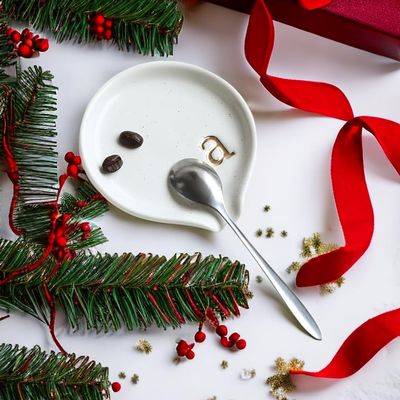 COLLECTIVE HOME - Ceramic Coffee Spoon Rest, Monogram Ceramic Spoon Holder, 3.8 Inches Coffee Spoon Holder, Mini Teaspoon Rest, Small Spoon Holder for Stove Coffee Bar (a)