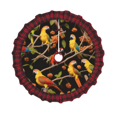 Parrot On The Branch Print Christmas Tree Skirt Red Black Plaid Border Xmas Tree Skirt Holiday New Year Party Christmas Party Decor. 30 in 36 in 48 in