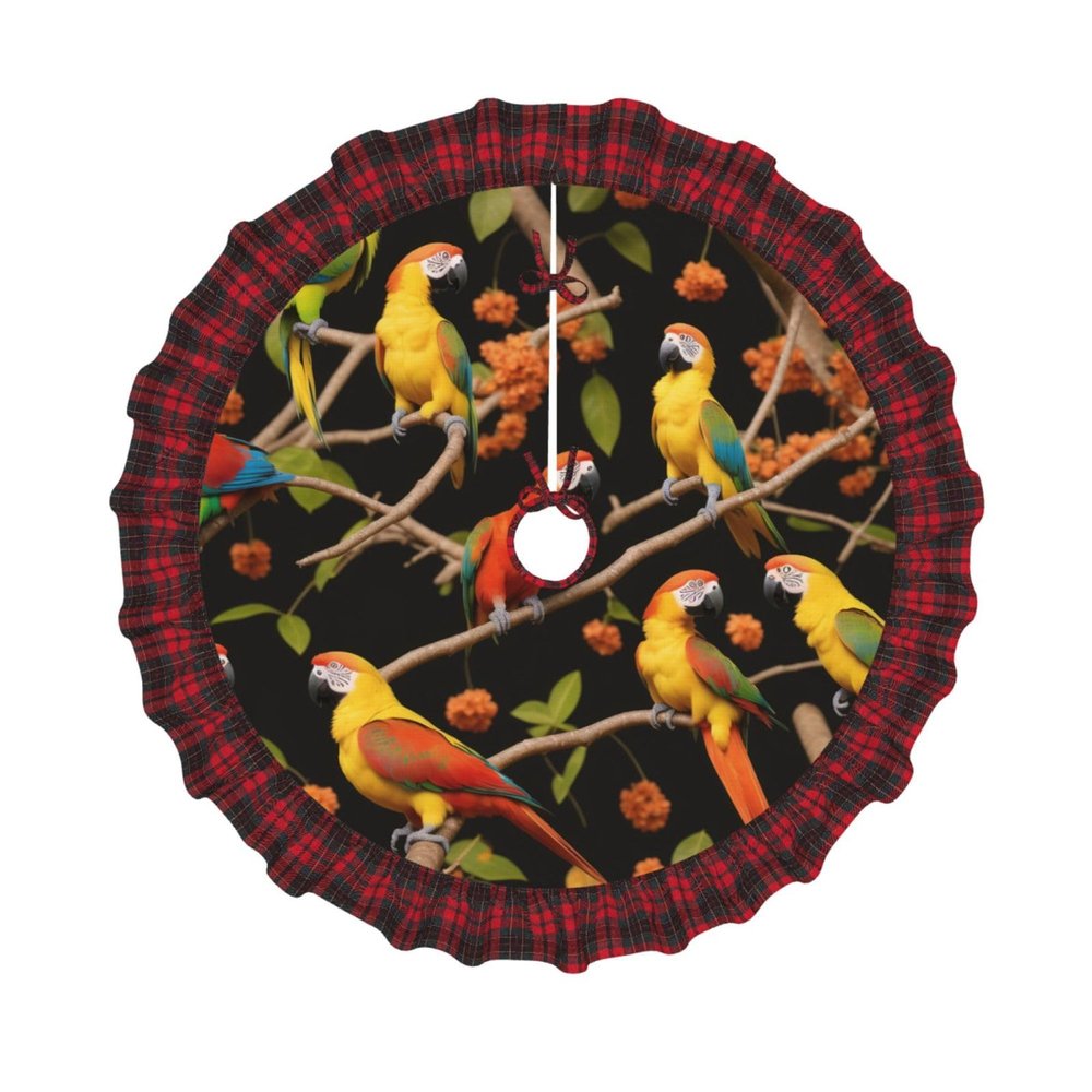 Parrot On The Branch Print Christmas Tree Skirt Red Black Plaid Border Xmas Tree Skirt Holiday New Year Party Christmas Party Decor. 30 in 36 in 48 in