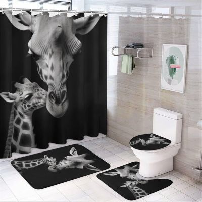 Vintage Giraffe Shower Curtain Set for Bathroom, 4Pcs Deer Rustic Animal Wildlife Bathroom Sets with Non Slip Rugs, Toilet Lid Cover, Bath Mat, Shower Curtain, Bathroom Decor