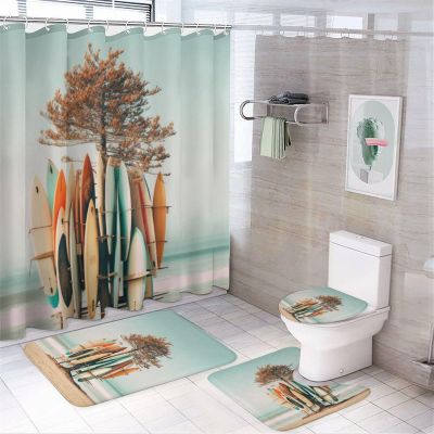 4Pcs Beach Surfboards Shower Curtain Sets, Coastal Palm Trees Vintage Bathroom Set with Shower Curtain, Toilet Lid Rug, Non-Slip Rugs and Bath Mat Decor