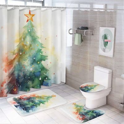 4Pcs Vintage Christmas Tree Shower Curtain Sets with Non-Slip Rugs, Toilet Lid Cover and Bath Mat, Graffiti Snowflakes Stars Dress Up Bathroom Decor Set Waterproof Shower Curtains with 12 Hooks