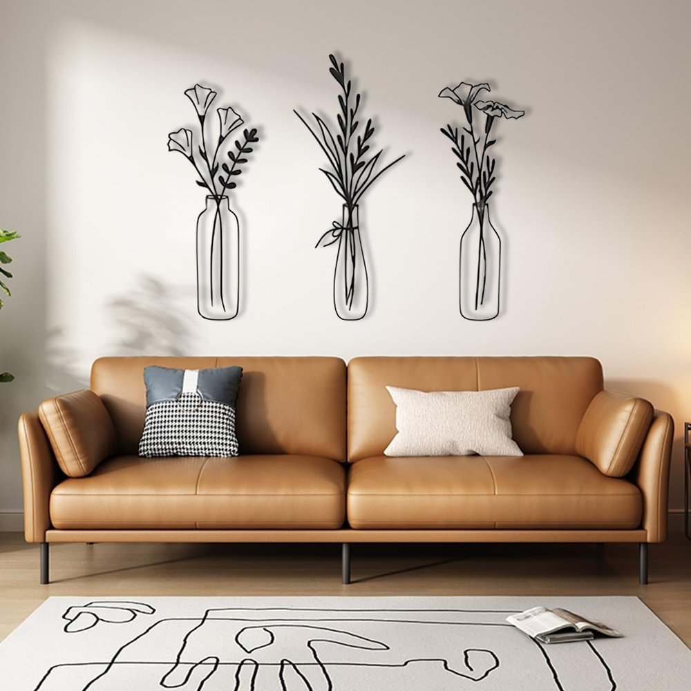 cadeali Flower in Vase Metal Wall Decor, Art, Minimalist Decor Natural Themed Rustic Farmhouse Style, For Living Room, Fathers Day Gift (Black, 32'' x 35'' | 82 90 cm)