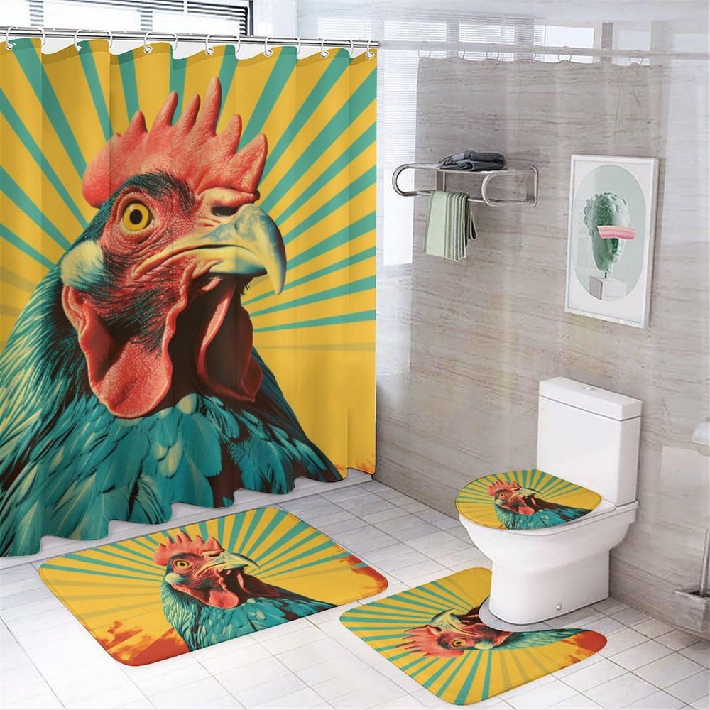 4Pcs Rustic Chicken Shower Curtain Sets with Non-Slip Rugs, Toilet Lid Cover and Bath Mat, Watercolor Goodlooking Animal Abstract Bathroom Decor Set Waterproof Shower Curtains with 12 Hooks