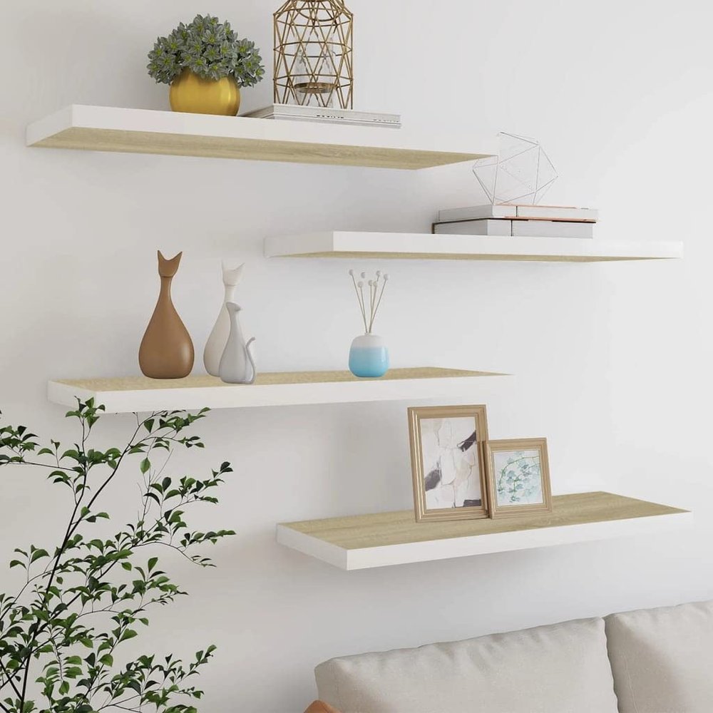 VRAXO Floating Wall Shelves 4 pcs Oak and White 31.5"x9.3"x1.5" MDF,Wall Shelves & Ledges-17.6lbs
