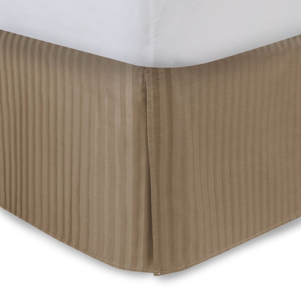Full XL Bed Skirt Taupe Stripe Bed Skirt 14 Inch Drop Tailored/Pleated Striped Bedskirt, Dust Ruffle with Split Corners and Platform
