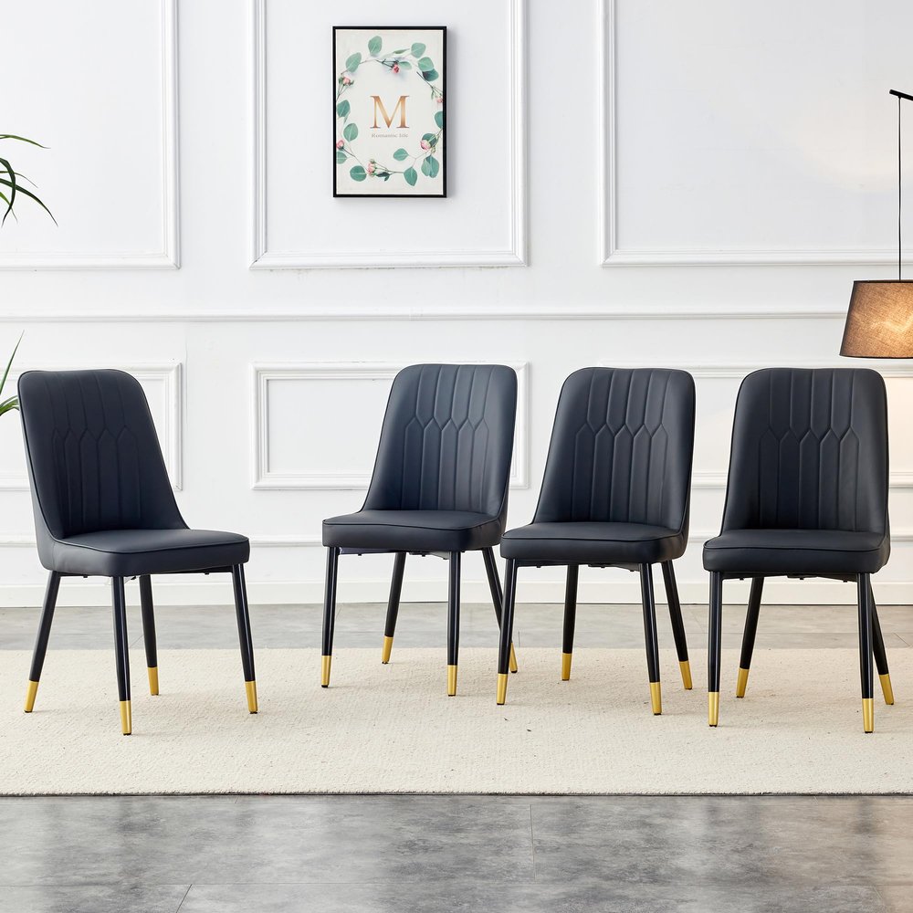 WEKEOT Modern Dining Chair Set of 4, Black Kitchen Chairs Set PU Leather Chair with Metal Legs Upholstered Armless Chair for Dinner Room, Office, Living Room(4, Black Chair)
