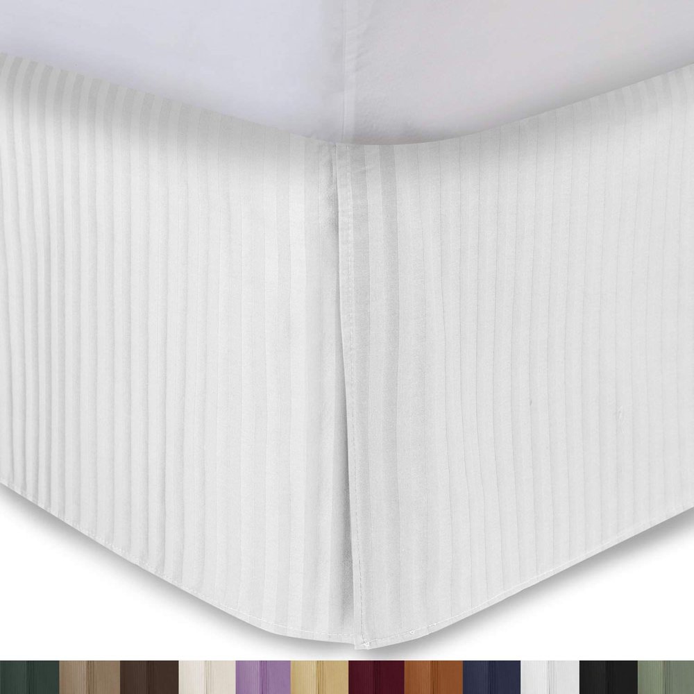 Twin Bed Skirt White Stripe Bed Skirt 14 Inch Drop Tailored/Pleated Striped Bedskirt, Dust Ruffle with Split Corners and Platform