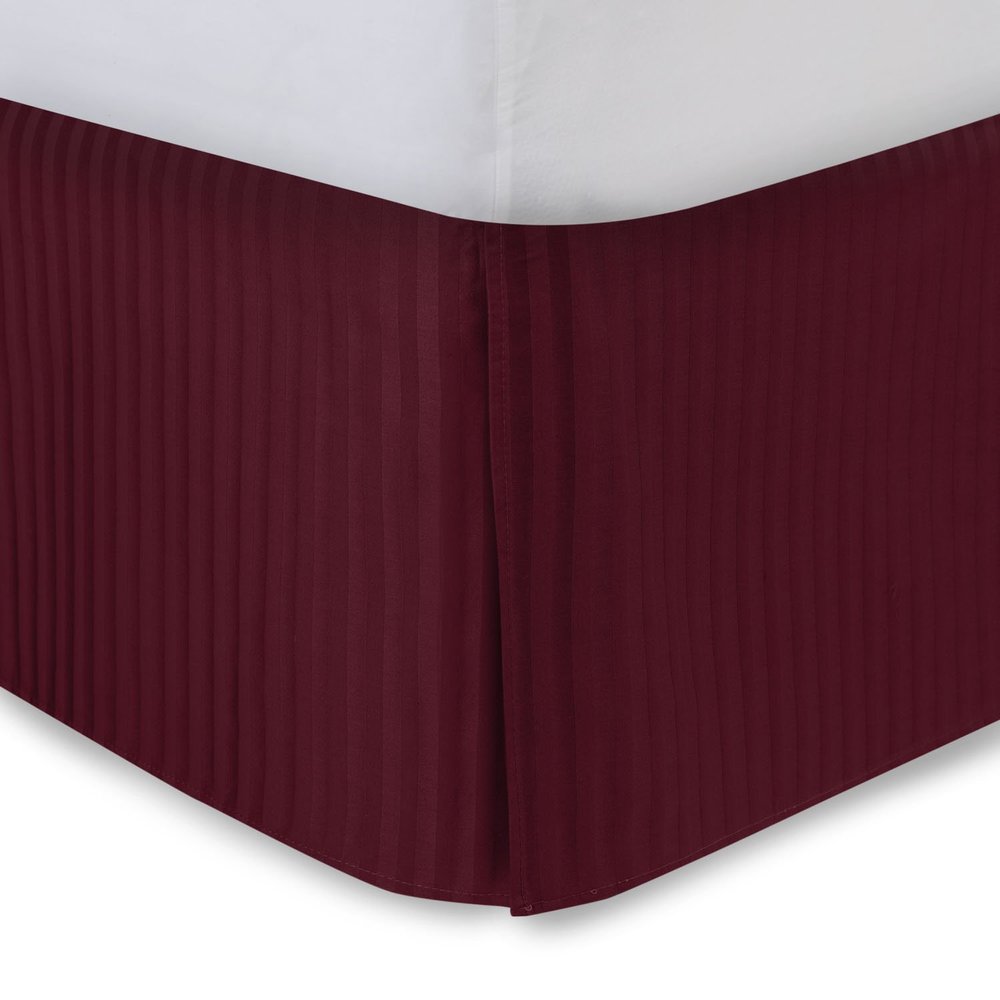 Full XL Bed Skirt Burgundy Stipre Bed Skirt 14 Inch Drop Tailored/Pleated Striped Bedskirt, Dust Ruffle with Split Corners and Platform