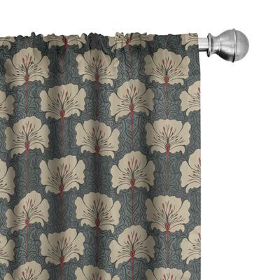 Ambesonne Floral Window Curtains Pack of 2, Art Nouveau Style Romantic Poppy Flowers and Ornate Nature Design, Lightweight Set with Rod Pocket, 4 Panels of - 28" x 95", Vermilion Grey