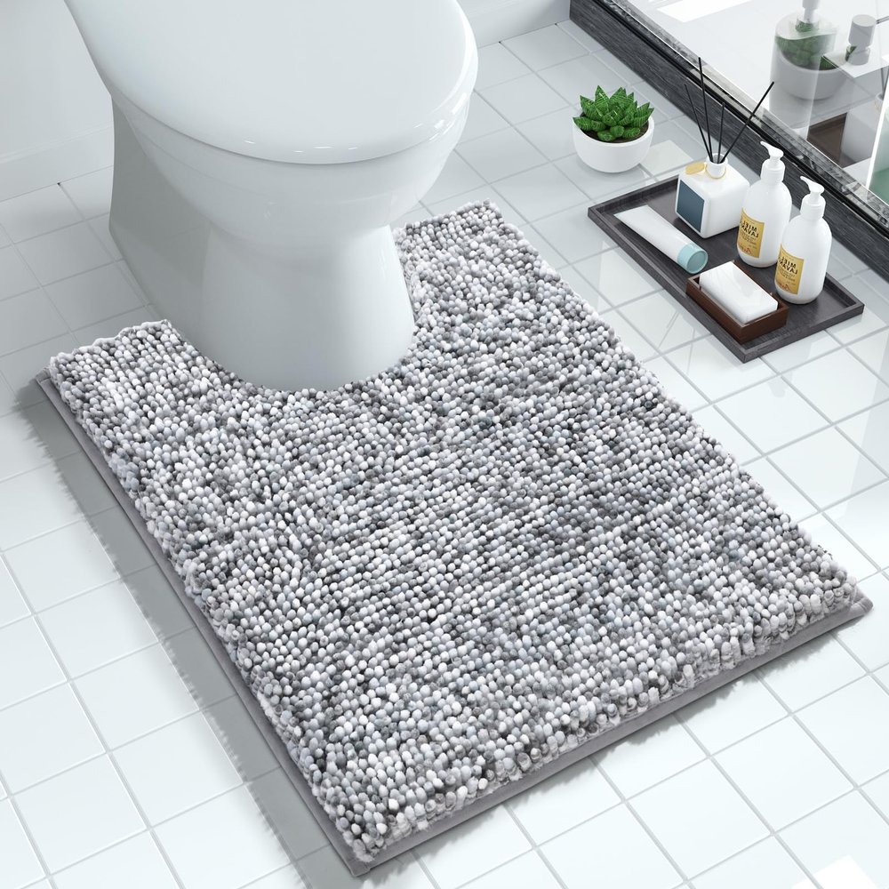 Yimobra Luxury Chenille U-Shaped Toilet Rug, Super Soft Shaggy Contour Bath Mat for Bathroom Floor, Fluffy, Water Absorbent, Non Slip, Machine Washable, Dry Quickly, 24''x 20'', Light Grey & Dark Grey