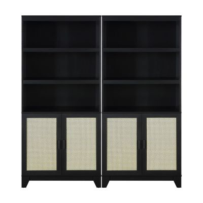 Manhattan Comfort Sheridan Bookshelf with Adjustable Shelves, Bookcase with Concealed Storage and Rattan Soft Close Doors 3 Tier Display Cabinet for Living Room Home Office or Bedroom, Set of 2, Black