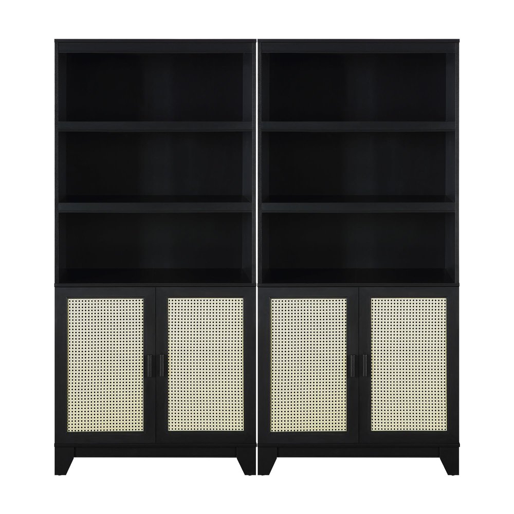 Manhattan Comfort Sheridan Bookshelf with Adjustable Shelves, Bookcase with Concealed Storage and Rattan Soft Close Doors 3 Tier Display Cabinet for Living Room Home Office or Bedroom, Set of 2, Black