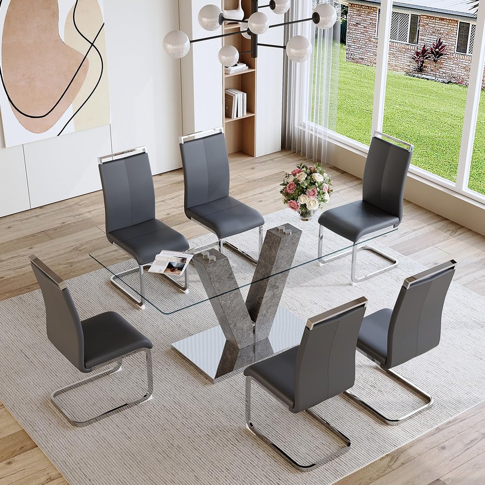 Gopop Glass Dining Room Table Set for 6, Grey Dining Table with 6 PU Leather Dining Chairs, 71'' Kitchen Table with Natural Marble Textured Pillars