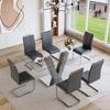 Gopop Glass Dining Room Table Set for 6, Grey Dining Table with 6 PU Leather Dining Chairs, 71'' Kitchen Table with Natural Marble Textured Pillars view 1