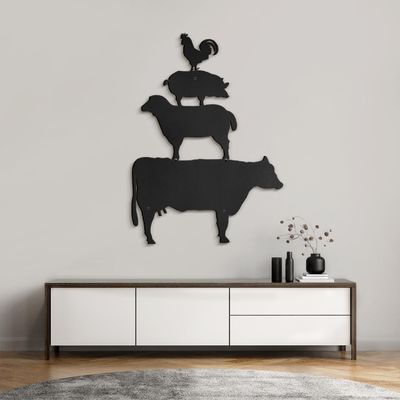 Black Metal Chicken, Pig, Horse, Cow Wall Decor Metal Wall Sculptures Hanging for Dining Room Bedroom Bathroom Hallway - 30" Black