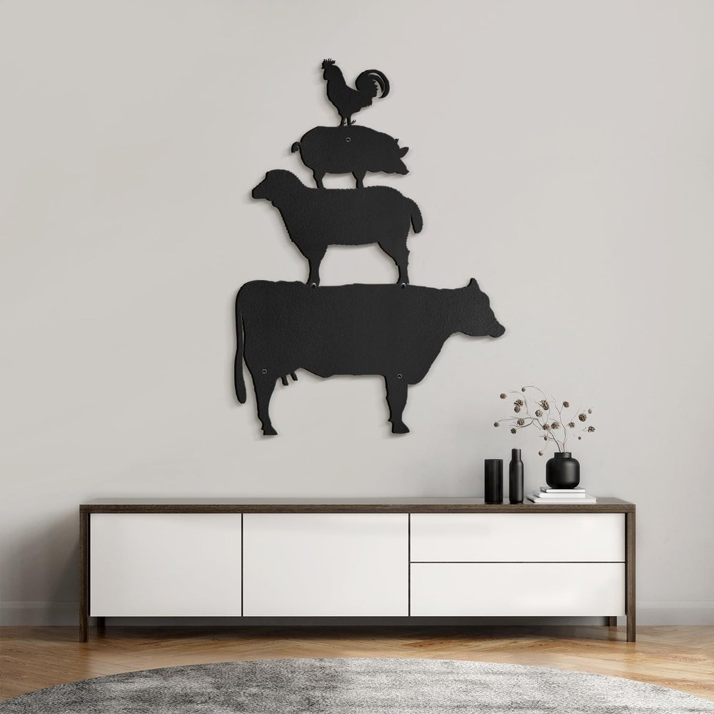 Black Metal Chicken, Pig, Horse, Cow Wall Decor Metal Wall Sculptures Hanging for Dining Room Bedroom Bathroom Hallway - 30" Black