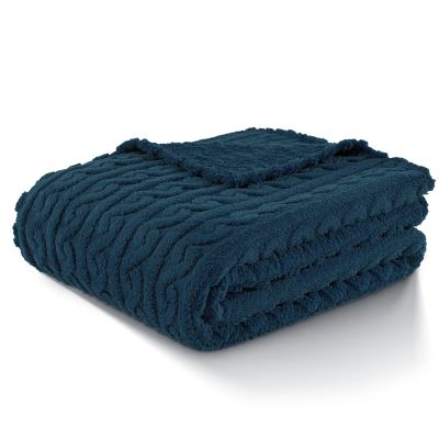 FY FIBER HOUSE Fleece Throw Blankets with 3D Pattern  Warm Super Soft Fluffy Cozy Decorative Blanket for Bed,Couch,Sofa,Camping,Travel(108"x90",Navy)