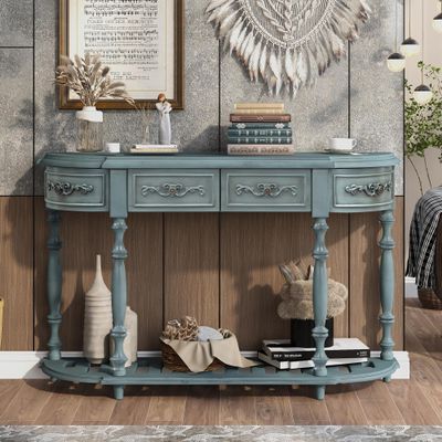 52'' Modern and Contemporary Curved Console Table Sofa Table with 4 Drawers and Shelf,Wooden Accent Cabinet Sideboard with Metal Handles for Hallway Living Room(Antique Blue-huv01)