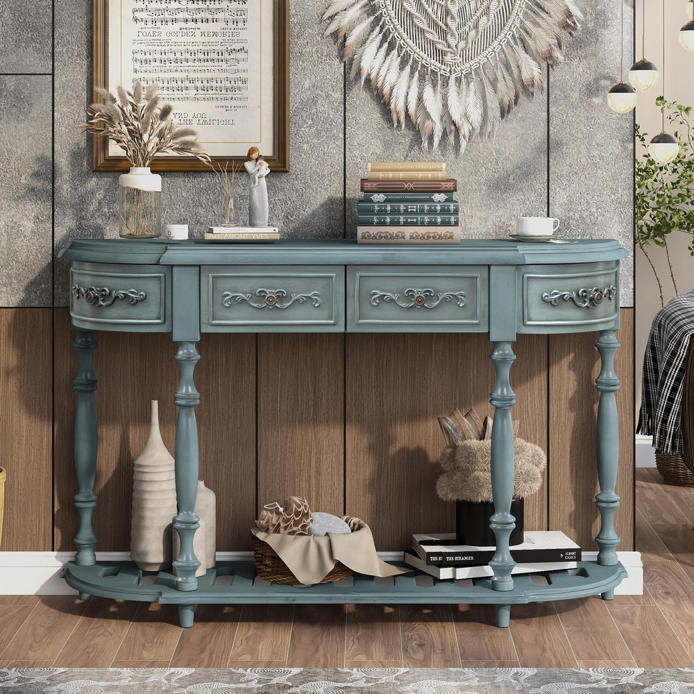 52'' Modern and Contemporary Curved Console Table Sofa Table with 4 Drawers and Shelf,Wooden Accent Cabinet Sideboard with Metal Handles for Hallway Living Room(Antique Blue-huv01)
