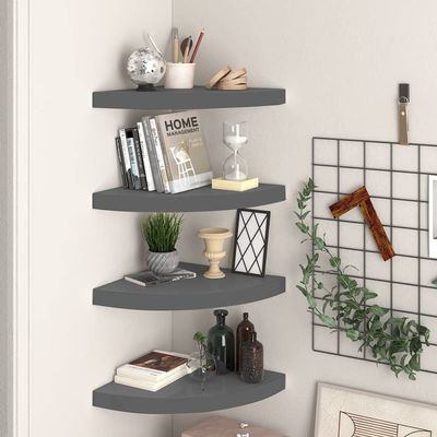 VRAXO Floating Corner Shelves 4 pcs High Gloss Gray 13.8"x13.8"x1.5" MDF,Wall Shelves & Ledges-11.11lbs