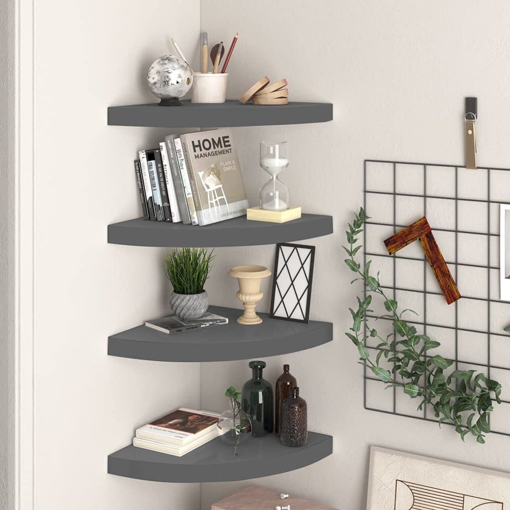 VRAXO Floating Corner Shelves 4 pcs High Gloss Gray 13.8"x13.8"x1.5" MDF,Wall Shelves & Ledges-11.11lbs