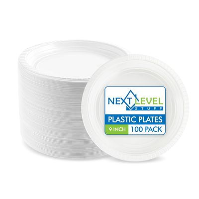 Next Level Stuff White Plastic Plates, 9 Inch, 100 Count  Disposable and Microwavable Dinnerware for Weddings, Party, Dinner, Dessert, Appetizers