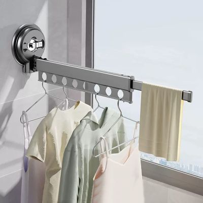 Foldable Portable Space Saving Clothes Drying Rack, Suction Cup Drying Rack, Wall Mounted Clothes Rack,Laundry Drying Rack With Towel Bar, Extendable Clothing Dryer Rack, Black 81.5cm,129.5cm Wall Mou