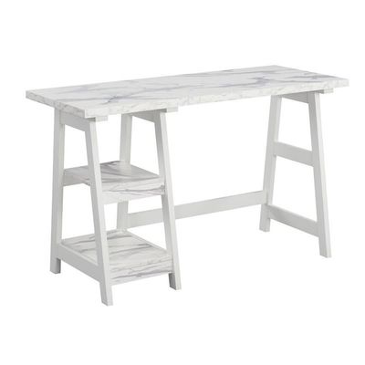 Pemberly Row Trestle Desk with Shelves in White Faux Marble Wood Finish