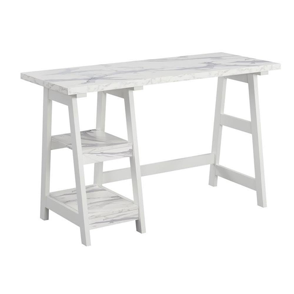 Pemberly Row Trestle Desk with Shelves in White Faux Marble Wood Finish