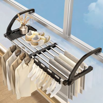 Stainless Steel Laundry Drying Rack, Folding Retractable Collapsible Drying Rack Clothing, Multi-position Adjustment Of The Support Bar, Balcony Drying Rack Shoe Rack,black ( Color : Black , Size : 42