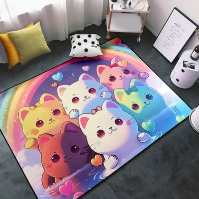 Jiospet Rainbow Cat Rug for Girls - Colorful Kids Bedroom Decor, Anime Cat Pattern, 5x7 Feet