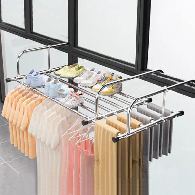 Balcony Drying Rack, Stainless Steel Multifunctional Folding Balcony Shoe Rack Radiator Clothes Drying Rack, Extendable Clothing Dryer Rack, For Clothes, Shoes, Potted Plants, Silver 60-106cm ( Color