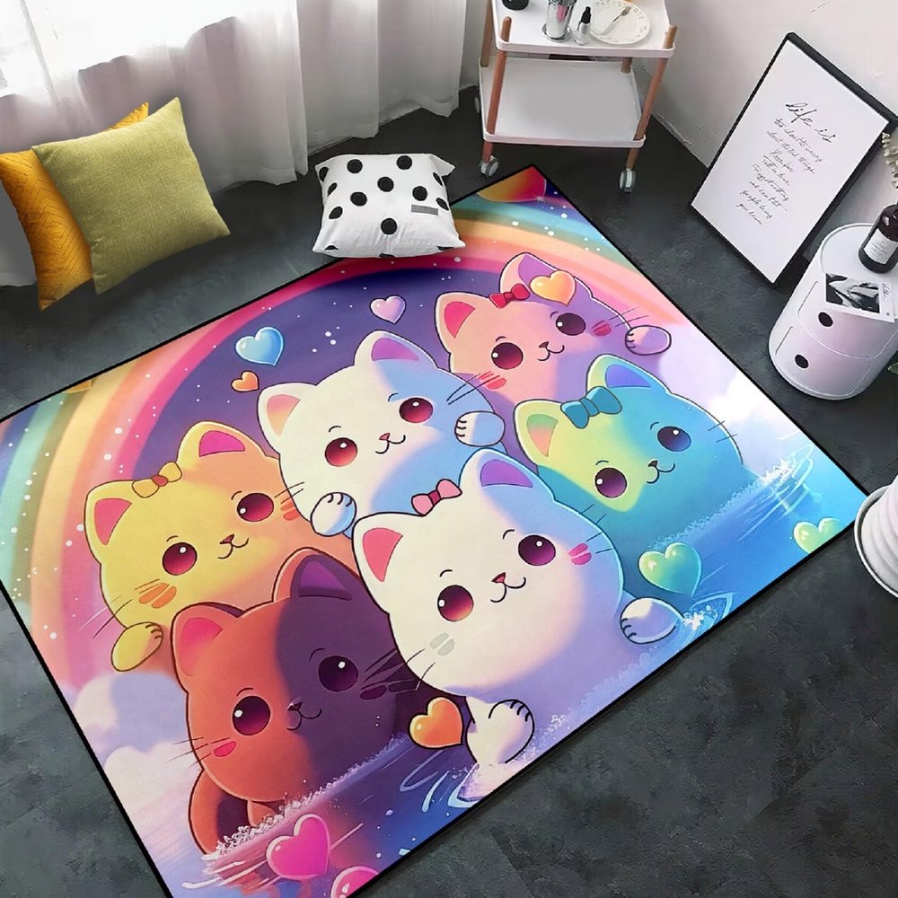 Jiospet Rainbow Cat Rug for Girls - Colorful Kids Bedroom Rug with Cute Cartoon Cat Pattern, 3x4 Feet
