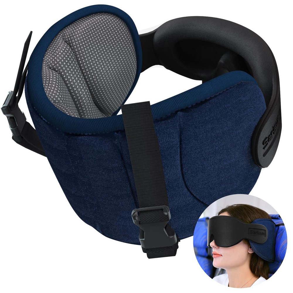 SARISUN Travel Pillows for Airplanes, Airplane Pillow for Long Flight, Airplane Head Strap with Sleep Eye Mask, 360 Headrest for Car Trip, Stop Bobblehead, Mottled Grey