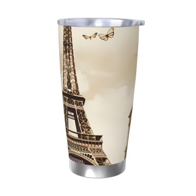 20oz Tumbler with Lid Vacuum Insulated Tumbler Vintage Paris Eiffel Tower Butterfly Stainless Steel Car Cup Insulated Coffee Mug for Travel Reusable Double Walled Thermal Cup for Hot Cold Drinks