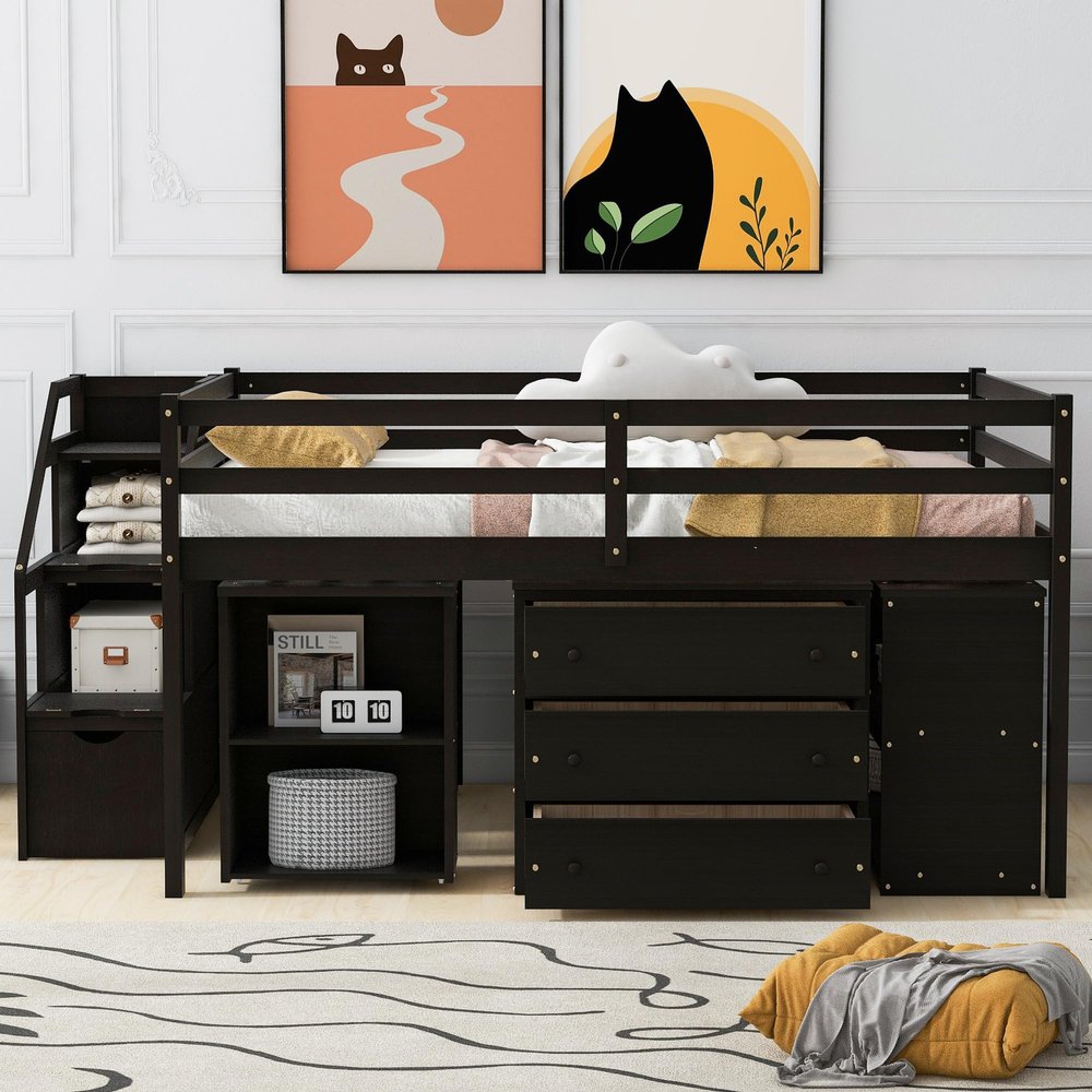 CKLMMC Full Size Loft Bed with Retractable Writing Desk and 3 Drawers, Wooden Multifunctional Bed with Storage Stairs and Shelves for Kids,Teens (Espresso/F+Desk, Full)