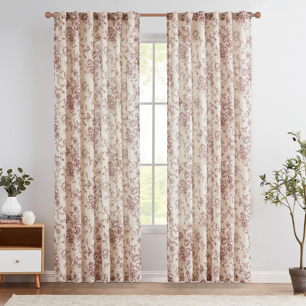 jinchan Linen Blend Curtain Floral Curtains for Living Room 84 Inch Length Farmhouse Brick Red Printed Curtain Rod Pocket Back Tab Peony Flower Patterned Drapes Curtains Set 2 Panels