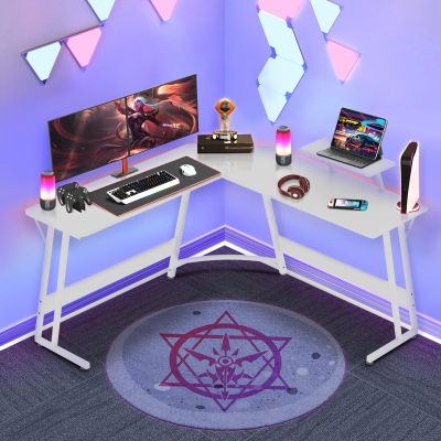 NiamVelo L Shaped Gaming Desk with Large Desktop & Storage Space - Ideal for Studying, Working, and Gaming - Adjustable Feet & Optional Tray Table Installation (White)