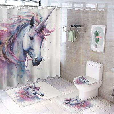 4PCS Beautiful Unicorn Shower Curtain Set Retro Pink Abstract Animal Watercolor Bathroom Decor Sets with Rugs Bathroom Accessories Set Bathroom Curtain Shower Set with 12 Hooks