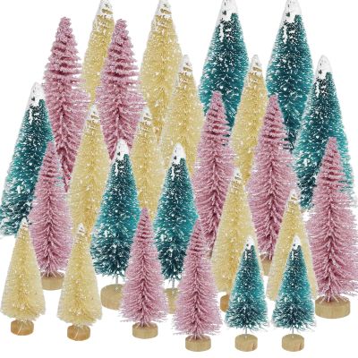 24Pcs Bottle Brush Trees Christmas Decor, Pink Green White Mini Christmas Tree with Wooden Base, Artificial Tabletop Sisal Pine Tree DIY Crafts for Winter New Year Holiday Table Shelf Decor