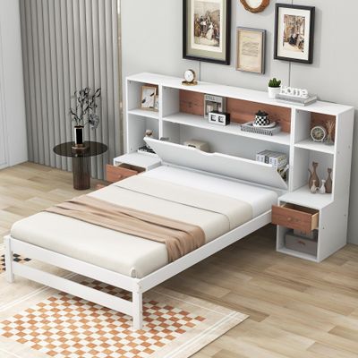 Twin Size Platform Bed with Storage Headboard and Drawers,with Two Nightstands Solid Pine Wood Platform Bed,Plenty of Storage Makes it Ideal for Bedroom Furniture.
